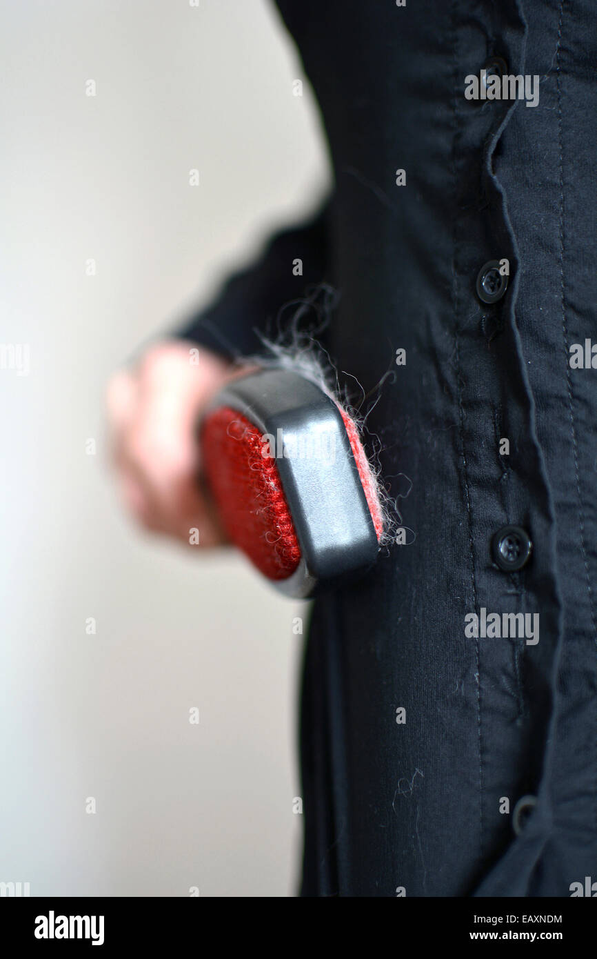 Spazzolare la camicia con una spazzola per rimuovere il pelo di gatto, prima di andare al lavoro Foto Stock