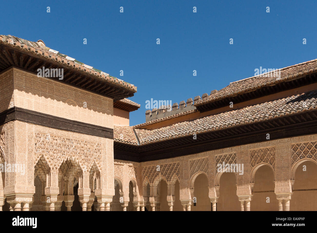 Angolo, archi, Patio de Los Leones, Alhambra di Granada, Andalusia, Spagna Foto Stock