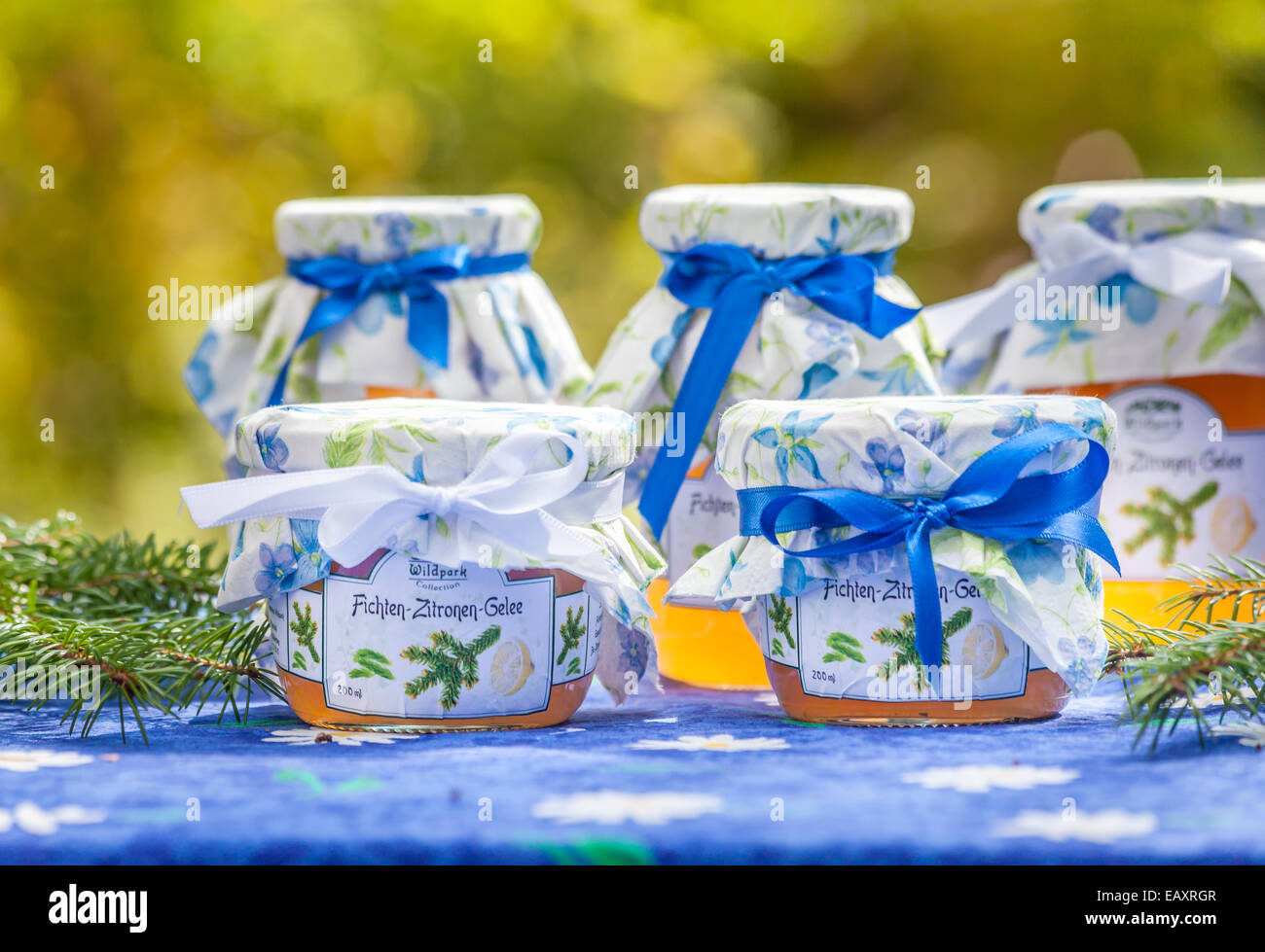 Bottiglie con pini e Gelatina di limoni in giardino Foto Stock