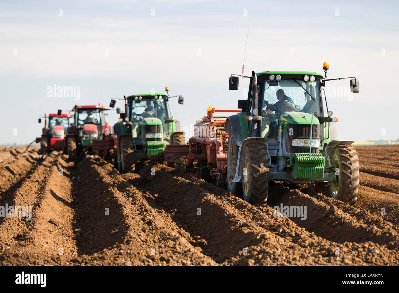 Regno Unito, Yorkshire, trattori campo di aratura. Foto Stock