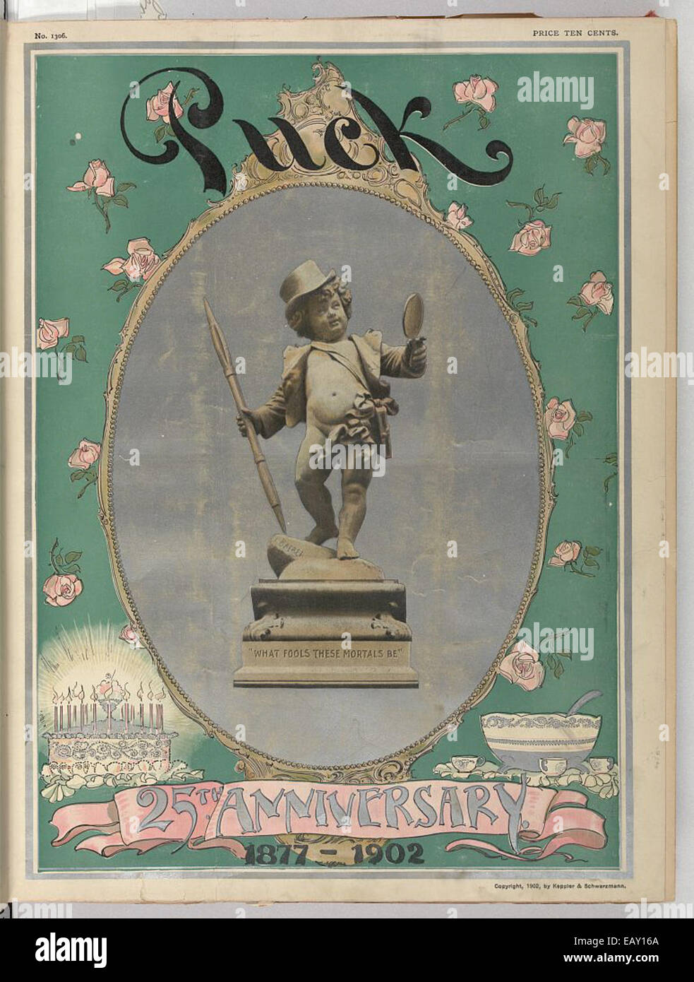 L'edizione per il 25° anniversario di "Puck" (1877-1902) celebra i contributi di lunga data della pubblicazione alle vignette politiche e alla satira, segnando una pietra miliare nel suo influente periodo di circolazione nei media americani. Foto Stock
