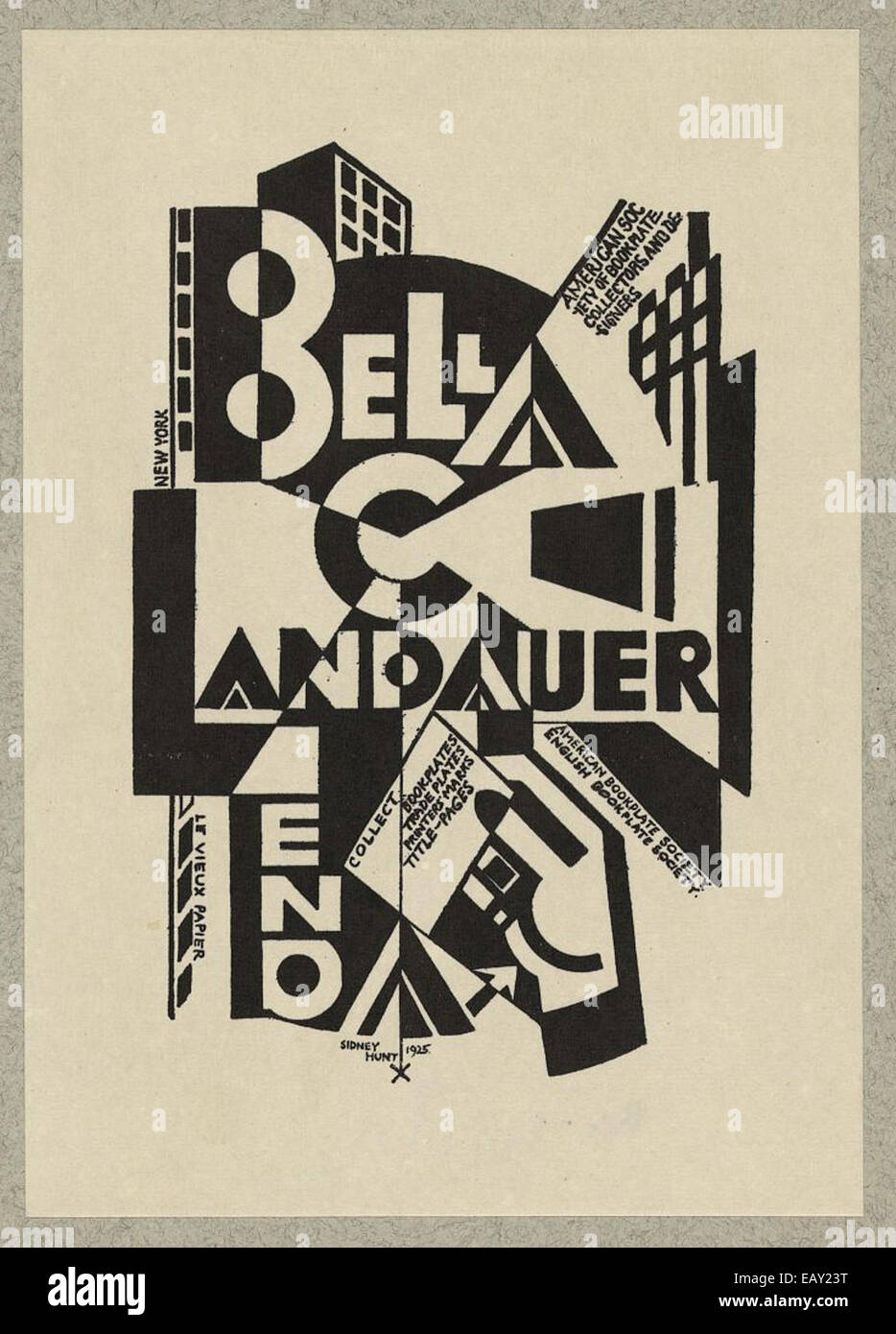 La libreria di bella C. Landauer riporta il motto "dare una mano". Le Bookplate, o ex-libris, sono etichette posizionate all'interno dei libri per indicare la proprietà. Questo disegno riflette la proprietà personale e la tradizione culturale di contrassegnare la propria collezione di biblioteche, con particolare attenzione al prestito e alla condivisione delle conoscenze. Foto Stock