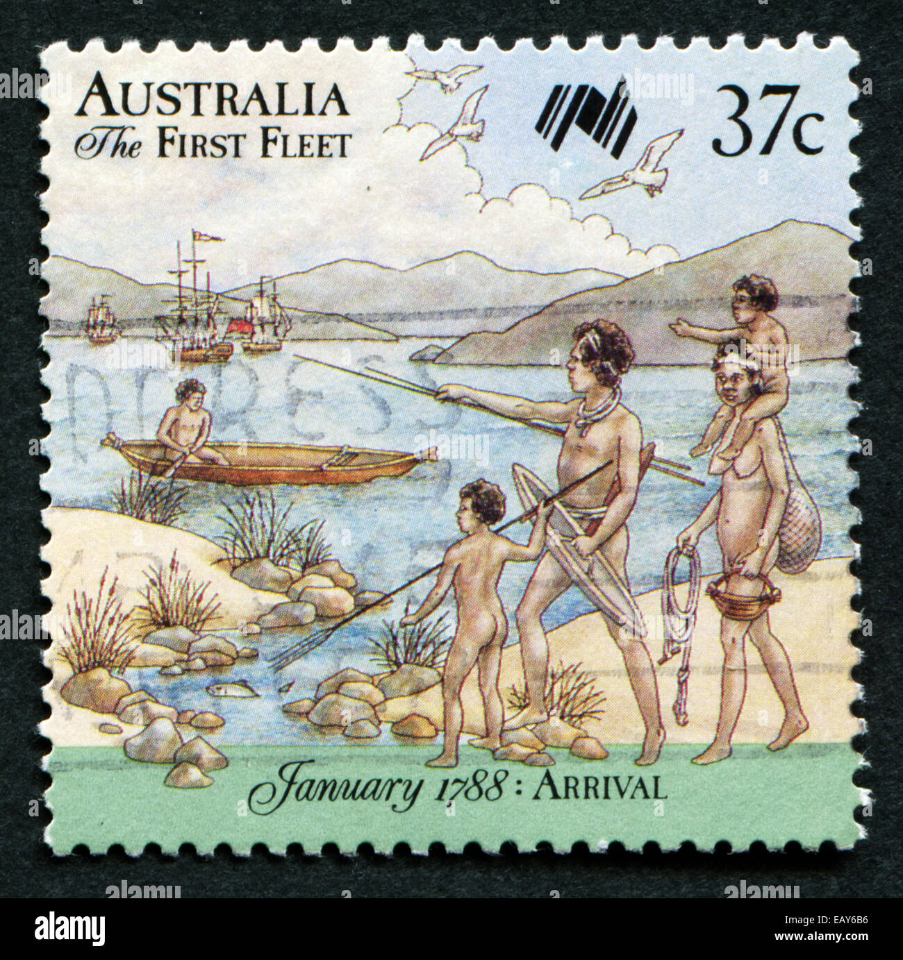 AUSTRALIA - circa 1987: un timbro stampato in Australia mostra prima flotta arriva al Capo di Buona Speranza; serie, circa 1987 Foto Stock