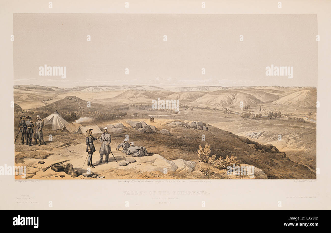 Una rappresentazione storica della Valle della Tchernaja durante la guerra di Crimea. La scena mostra ufficiali e soldati militari posizionati nella valle, riflettendo l'atmosfera militare dell'epoca. Foto Stock