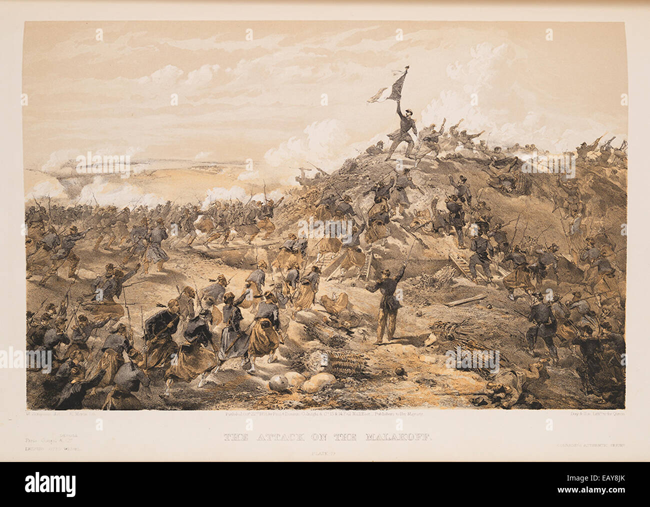 *L'attacco al Malakoff* raffigura una battaglia critica durante la guerra di Crimea, mostrando ufficiali militari e soldati impegnati in intensi combattimenti. La scena cattura il caos e il coraggio dell'aggressione. Foto Stock