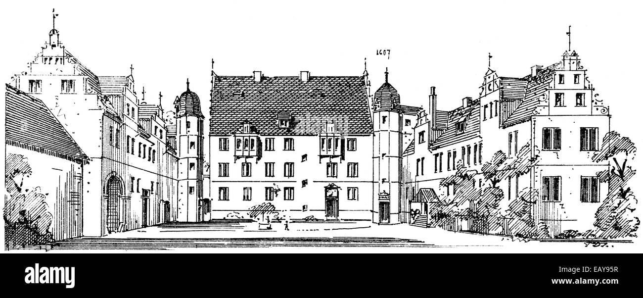 Storico illustrazione architettonico del xix secolo, 1875, edifici del Weser in stile rinascimentale, Schloss Schwoebber Foto Stock