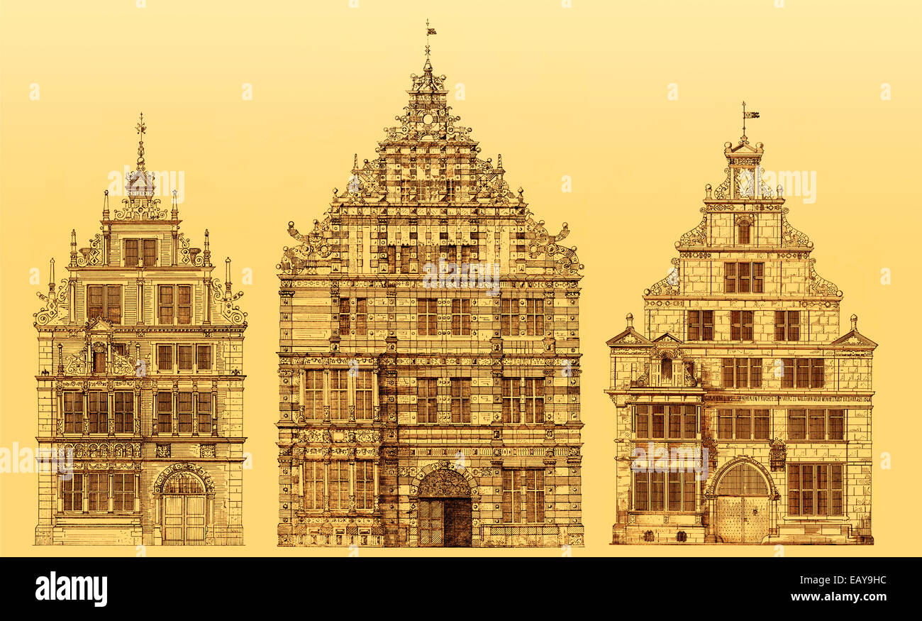 Storico illustrazioni architettonico del xix secolo, 1875, facciate in Weser in stile rinascimentale, Dempterhaus Foto Stock