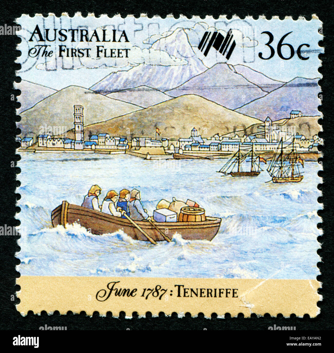 AUSTRALIA - circa 1987: un timbro stampato in Australia mostra prima flotta arriva al Capo di Buona Speranza; serie, circa 1987 Foto Stock