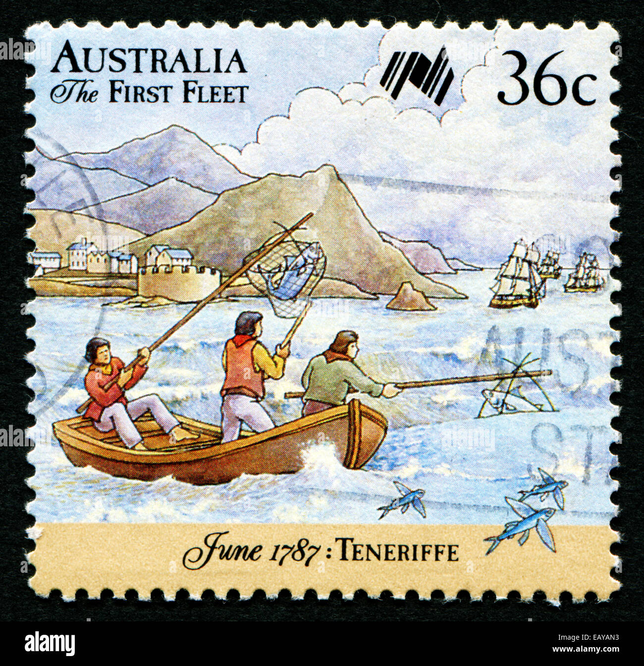 AUSTRALIA - circa 1987: un timbro stampato in Australia mostra prima flotta arriva al Capo di Buona Speranza; serie, circa 1987 Foto Stock