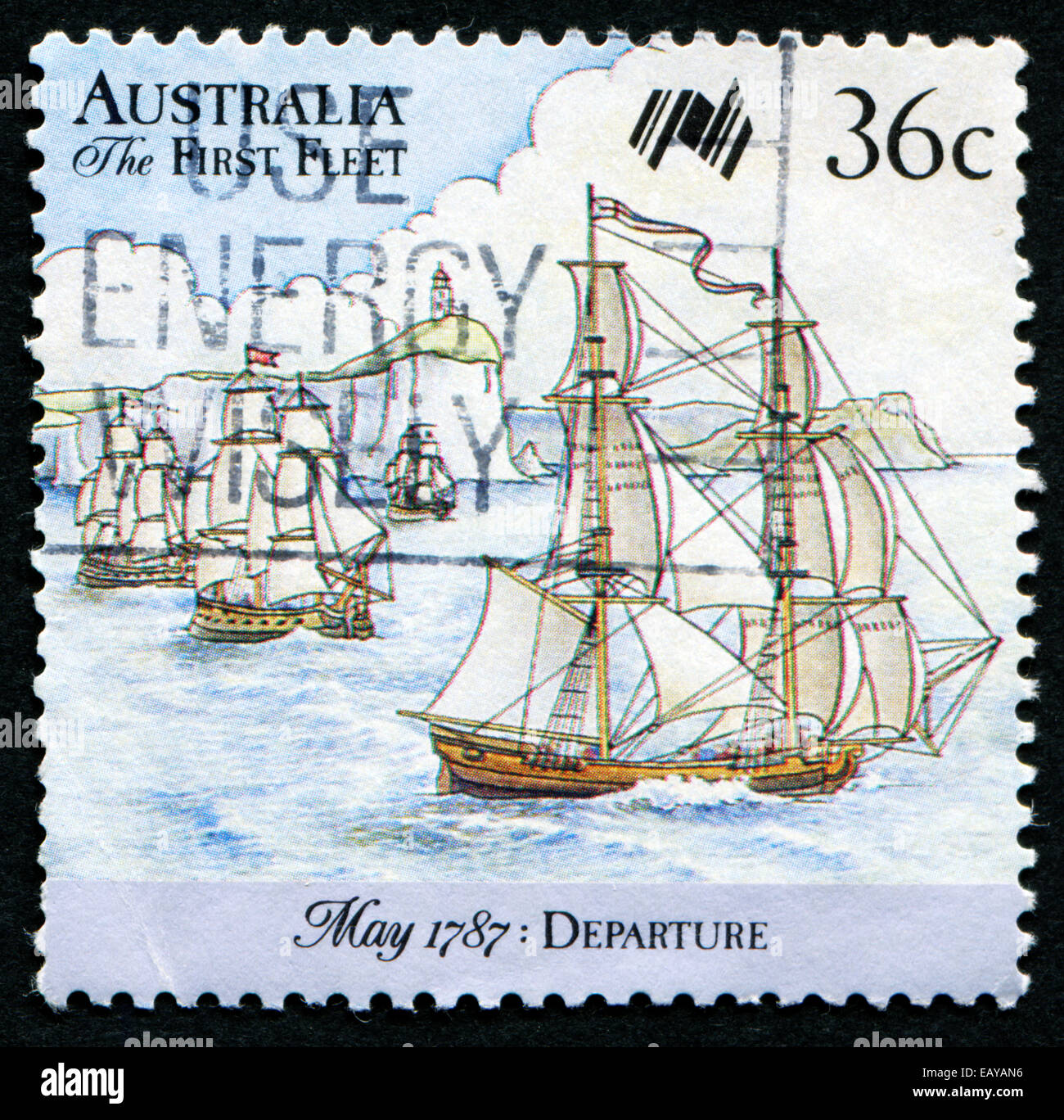 AUSTRALIA - circa 1987: un timbro stampato in Australia mostra prima flotta arriva al Capo di Buona Speranza; serie, circa 1987 Foto Stock