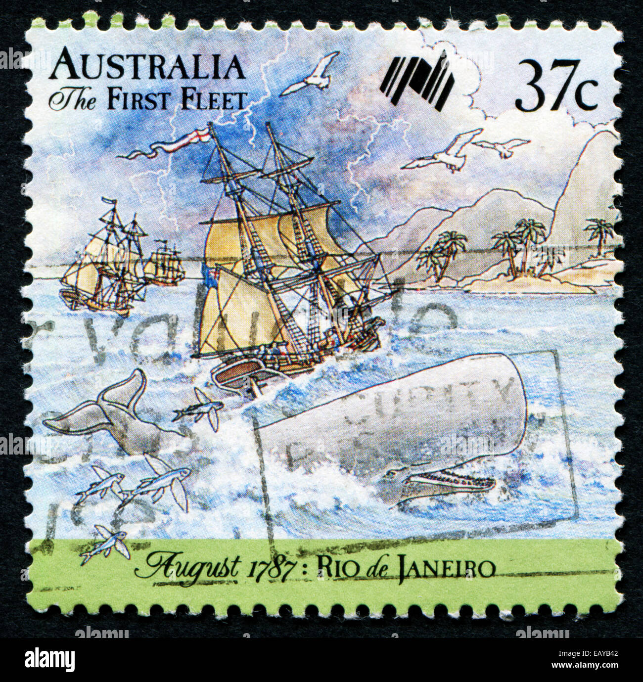 AUSTRALIA - circa 1987: un timbro stampato in Australia mostra prima flotta arriva al Capo di Buona Speranza; serie, circa 1987 Foto Stock