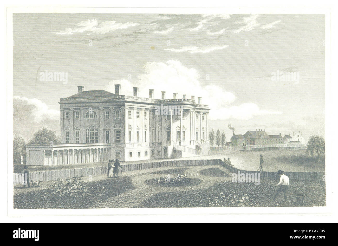 Questa illustrazione del 1834 di Hinton raffigura la President House a Washington, offrendo una rappresentazione visiva dell'architettura dell'edificio e del suo ruolo come residenza presidenziale degli Stati Uniti. Foto Stock