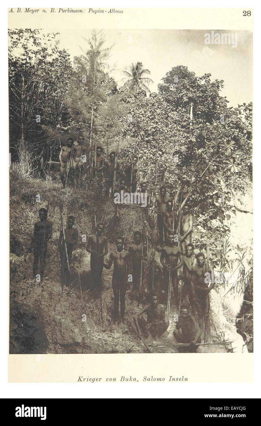 Questa immagine, intitolata *PAPUA-Typen, Tafel 28*, presenta un'illustrazione etnografica che mostra le diverse persone di Papua, evidenziando il loro abbigliamento distintivo, i tratti culturali e le caratteristiche fisiche. L'immagine fornisce un'idea delle popolazioni indigene di Papua durante la fine del XIX secolo. Foto Stock