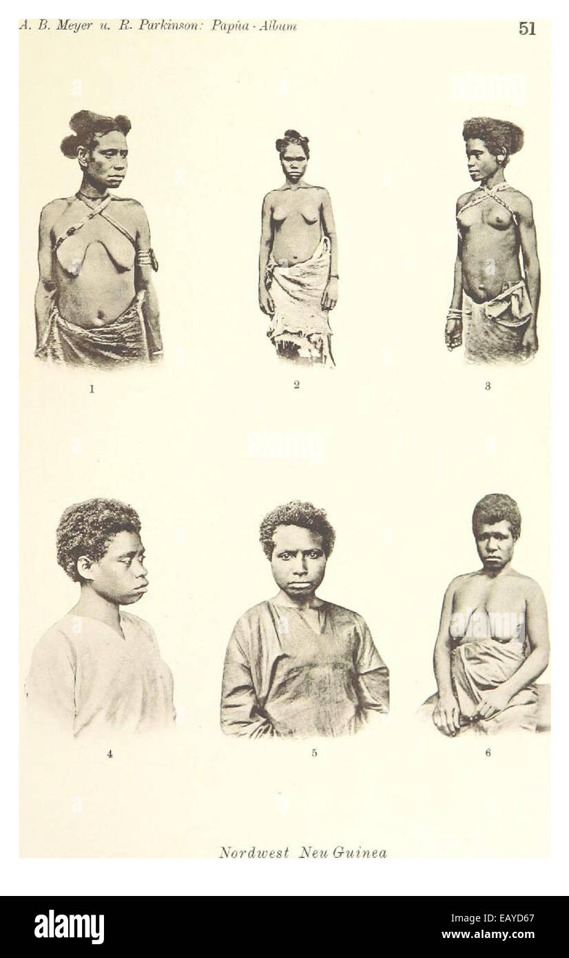 Questa illustrazione del XIX secolo di Papua-Typen raffigura il popolo e la cultura della Papua nuova Guinea, catturando l'abbigliamento tradizionale e lo stile di vita dei gruppi indigeni. Foto Stock