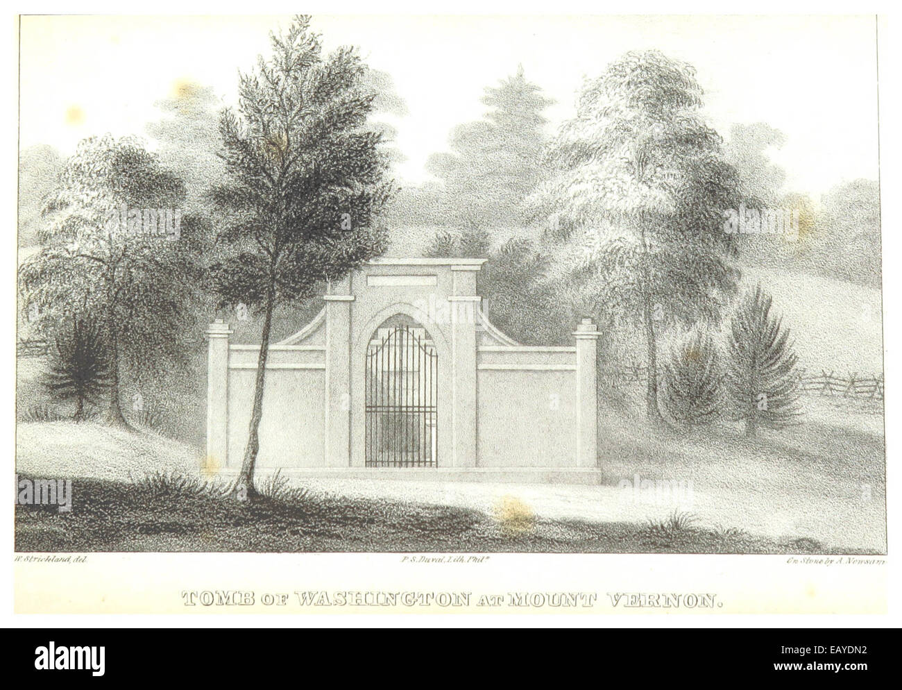 L'illustrazione di Strickland del 1840 della tomba di George Washington a Mount Vernon, che mostra il memoriale al primo presidente degli Stati Uniti e un importante sito nazionale. Foto Stock