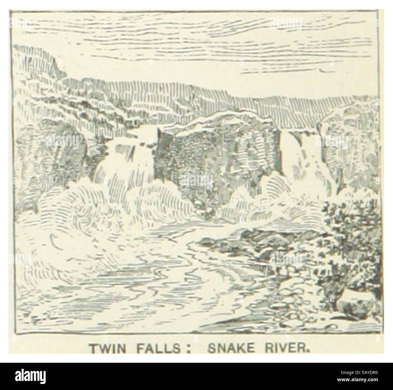 Questa illustrazione del 1891 cattura le Twin Falls sul fiume Snake in Idaho, evidenziando la bellezza naturale e le caratteristiche geologiche della regione. Il fiume Snake è noto per le sue vedute panoramiche e l'importante significato geografico. Foto Stock