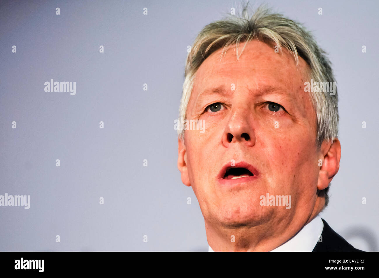 Belfast, Irlanda del Nord. 22 nov 2014 - Primo Ministro Peter Robinson MLA garantisce il leader del Partito il discorso al 2014 Conferenza DUP Credit: stephen Barnes/Alamy Live News Foto Stock