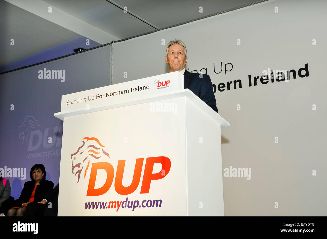 Belfast, Irlanda del Nord. 22 nov 2014 - Primo Ministro Peter Robinson MLA garantisce il leader del Partito il discorso al 2014 Conferenza DUP Credit: stephen Barnes/Alamy Live News Foto Stock