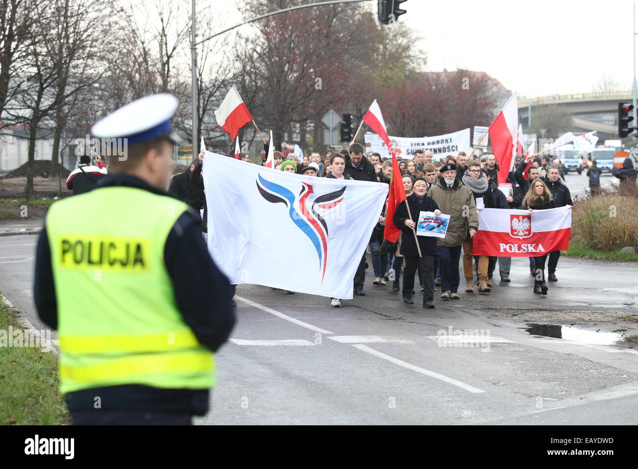 Gdansk, Polonia 22nd, Novembre 2014 di estrema destra "Movimento Nazionale l' organizzazione di attivisti protesta al di fuori del voivodato di Pomerania creazione. I manifestanti hanno inscenato la protesta sotto lo slogan "top manipolazione elettorale,' impegnativo il licenziamento immediato di tutti i membri di PKW (Commissione nazionale elettorale) e la ripetizione delle elezioni locali. Credito: Michal Fludra/Alamy Live News Foto Stock