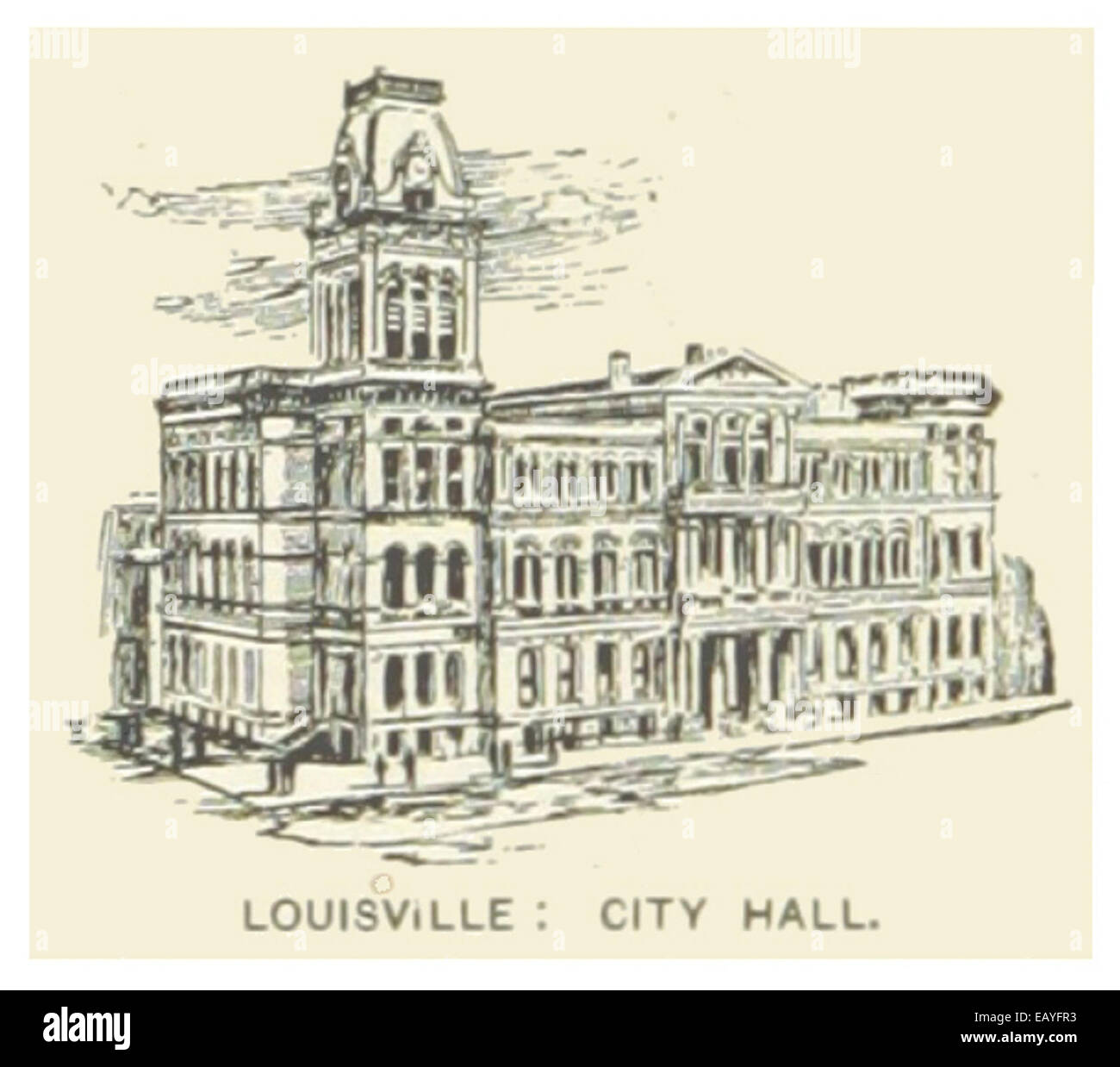 Questa illustrazione del 1891 mostra il municipio di Louisville, catturando lo stile architettonico dell'edificio e il suo ruolo centrale nella vita civica e politica della città durante la fine del XIX secolo. Foto Stock