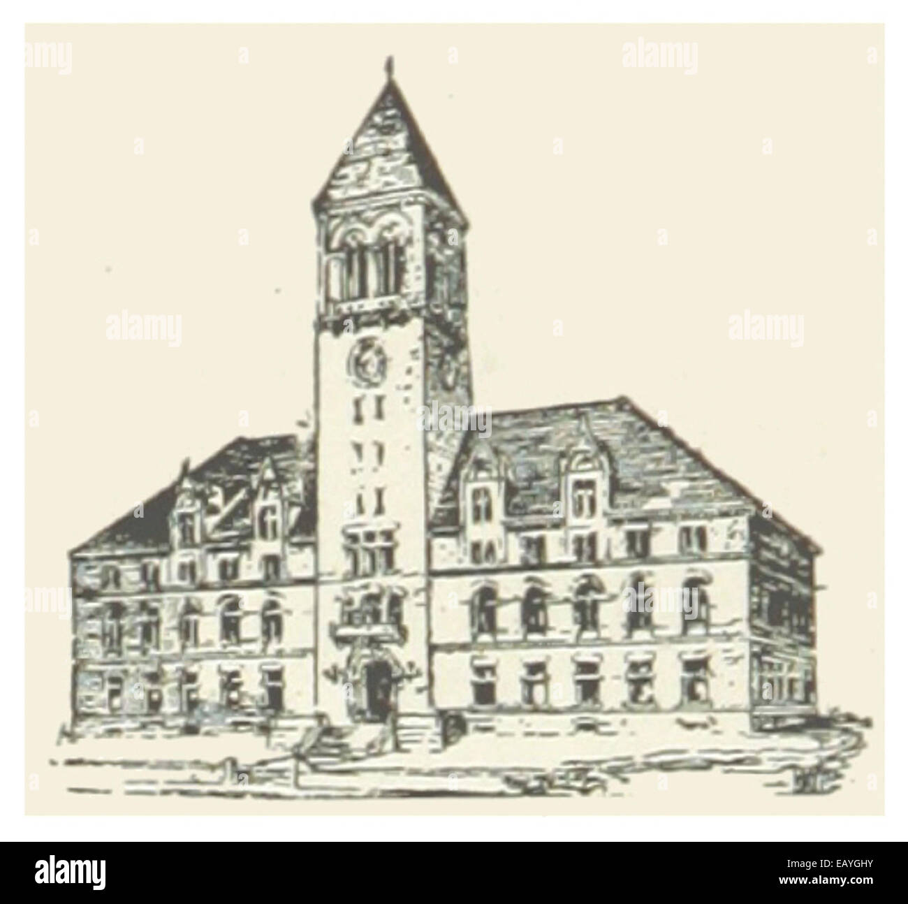 Questa illustrazione del 1891 raffigura il municipio di Cambridge nel Massachusetts, mettendo in evidenza le sue caratteristiche architettoniche e il significato dell'edificio nel governo locale durante la fine del XIX secolo. Foto Stock