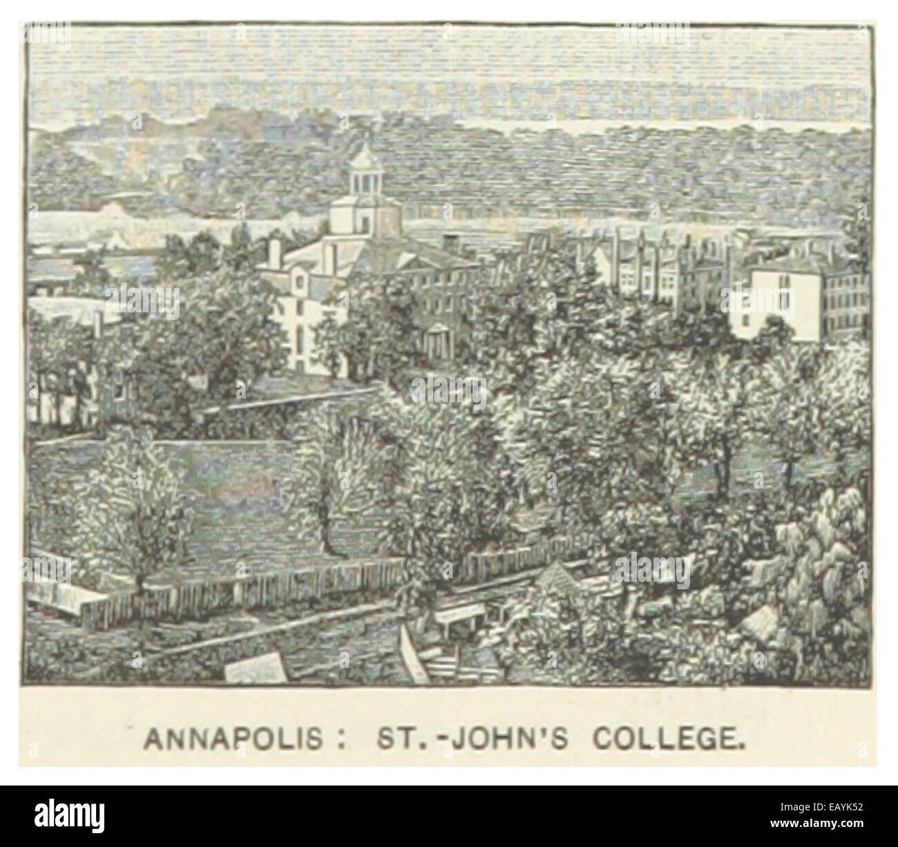 La mappa del 1891 di Annapolis, Maryland, mostra il St. John's College, con illustrazioni dettagliate dei suoi terreni e degli edifici. Questa mappa cattura il layout del college durante la fine del XIX secolo, enfatizzando la sua architettura storica. Foto Stock