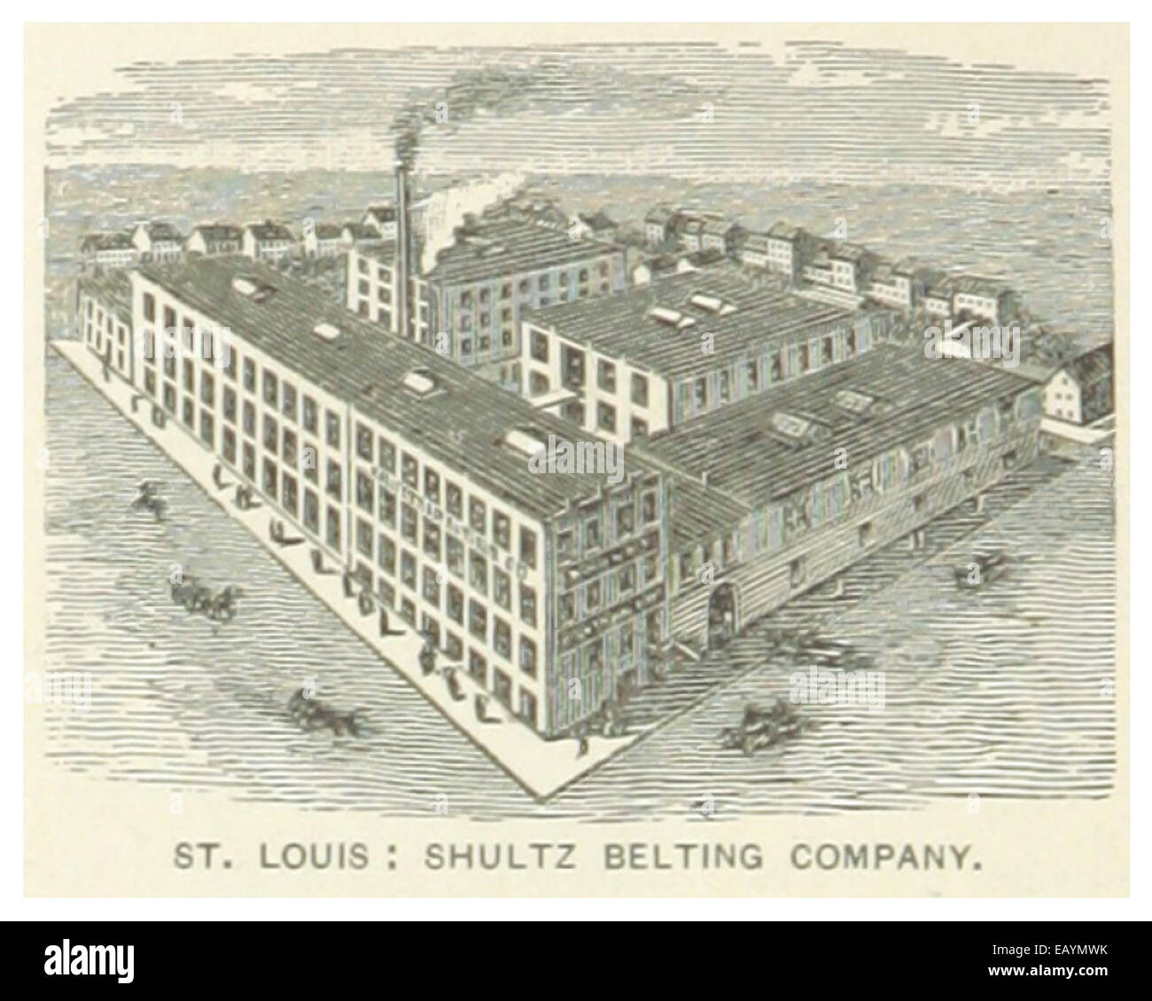 Questa illustrazione del 1891 raffigura la Shultz Belting Company a St. Louis, Missouri, un esempio del paesaggio industriale di St. Louis alla fine del XIX secolo. Foto Stock