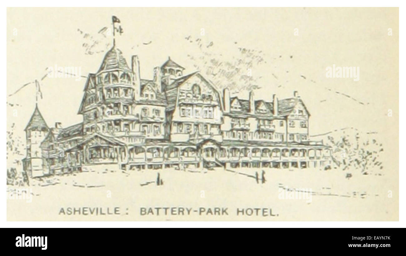 Questa illustrazione del 1891 raffigura il Battery Park Hotel di Asheville, North Carolina, un edificio famoso per il suo stile architettonico vittoriano. Era una destinazione popolare per i visitatori benestanti alla fine del XIX secolo, contribuendo alla reputazione di Asheville come città turistica. Foto Stock