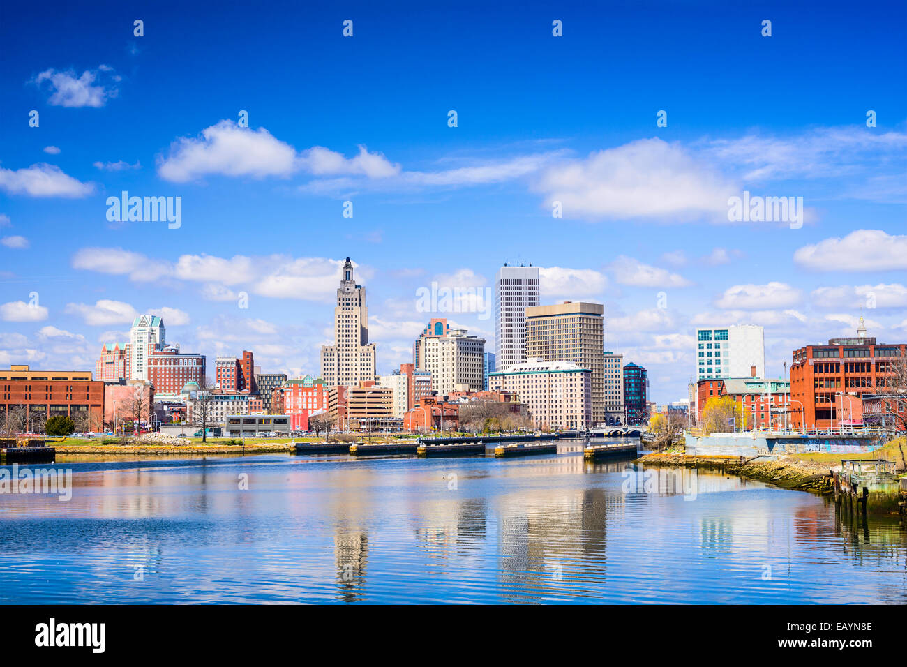 Providence, Rhode Island skyline della città sul fiume. Foto Stock