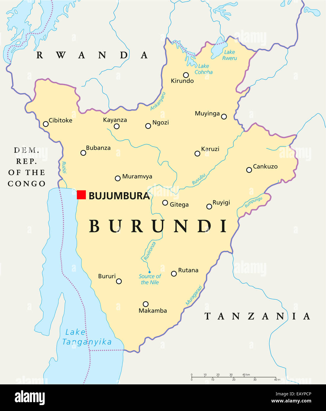 Burundi Mappa Politico con capitale Bujumbura, i confini nazionali, importanti città, fiumi e laghi. Etichetta inglese e la scalabilità Foto Stock