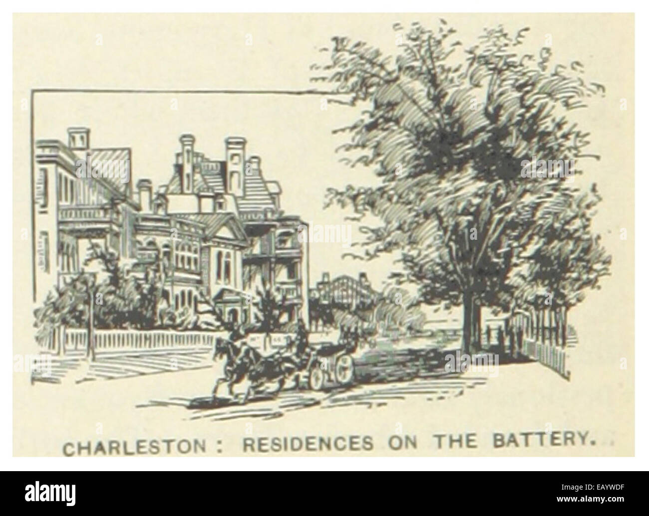 Questa illustrazione del 1891 mostra le residenze Battery di Charleston, un quartiere storico lungo il lungomare noto per le sue residenze anteguerra e il patrimonio architettonico. Foto Stock
