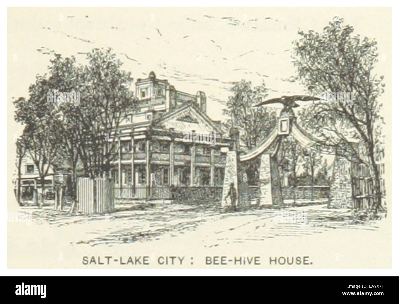 Questa illustrazione del 1891 mostra la Bee-Hive House a Salt Lake City, un iconico edificio storico associato ai primi coloni mormoni e alla loro architettura nello Utah. Foto Stock