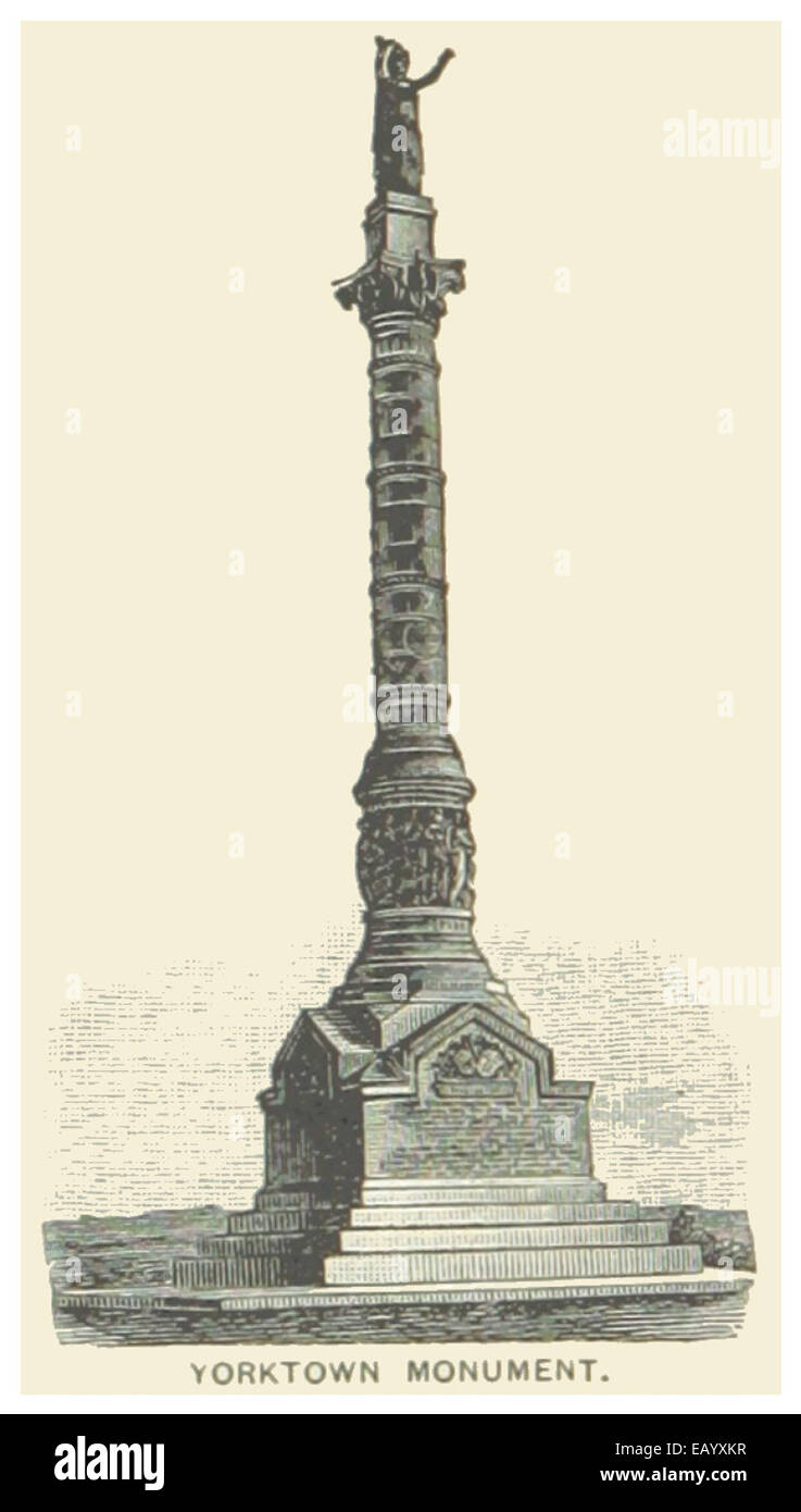 Un'illustrazione del 1891 dello Yorktown Monument in Virginia. L'immagine rappresenta il significato del punto di riferimento nella storia americana, in particolare legato alla rivoluzione americana. Foto Stock