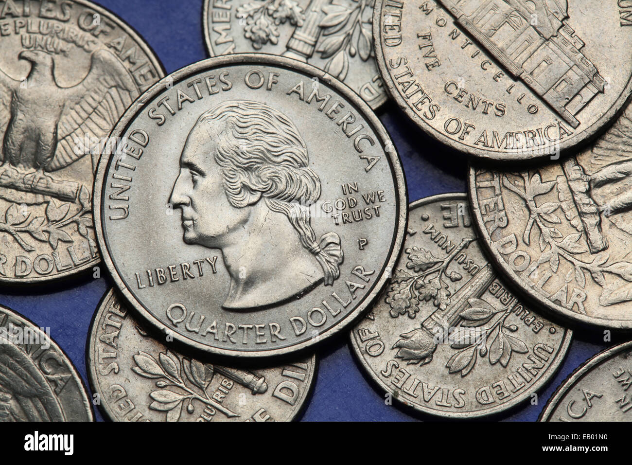 Monete di Stati Uniti d'America. George Washington raffigurato su di noi trimestre moneta. Foto Stock