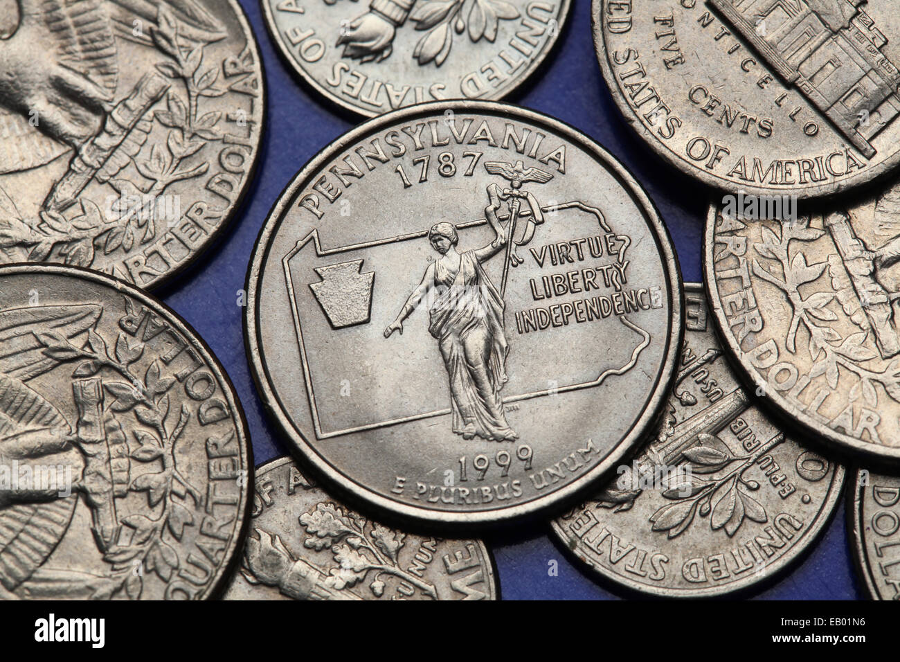 Monete di Stati Uniti d'America. Statua del Commonwealth in Harrisburg, Pennsylvania, raffigurato su di noi Pennsylvania trimestre (1999). Foto Stock