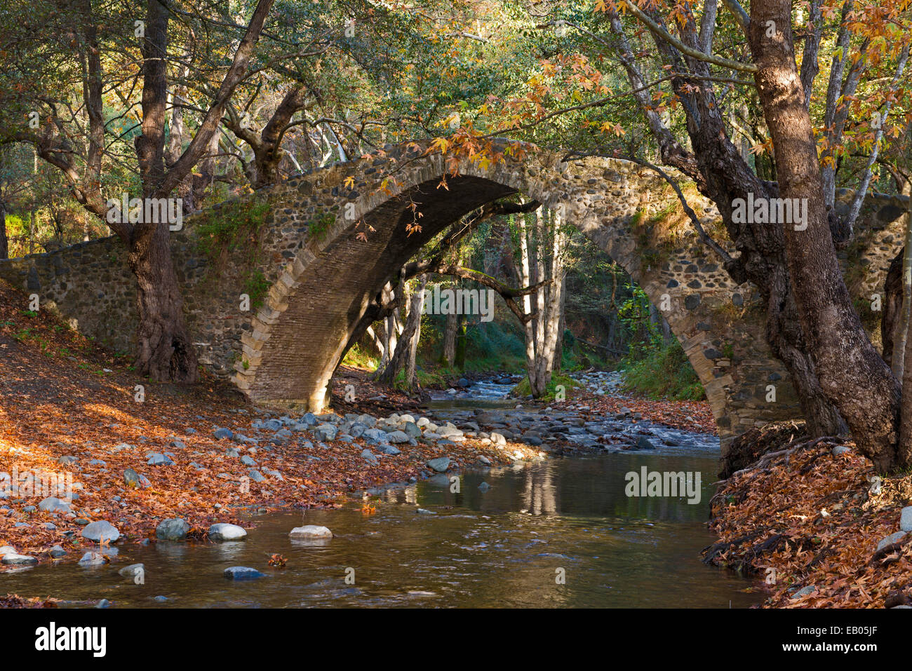 Il Kelefos ponte veneziano con colori autunnali nei Monti Troodos di Cipro Foto Stock