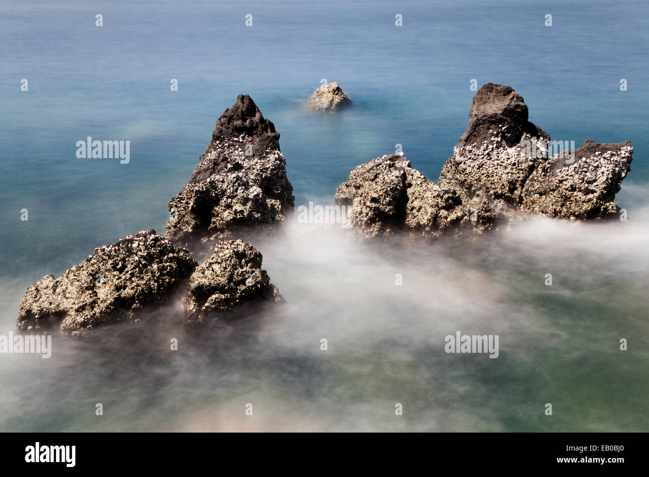 Barnacle rocce nel mare, Nusa Penida isola. le rocce sono costantemente sottoposti a flusso e riflusso della marea facendo una casa perfetta per cirripedi Foto Stock