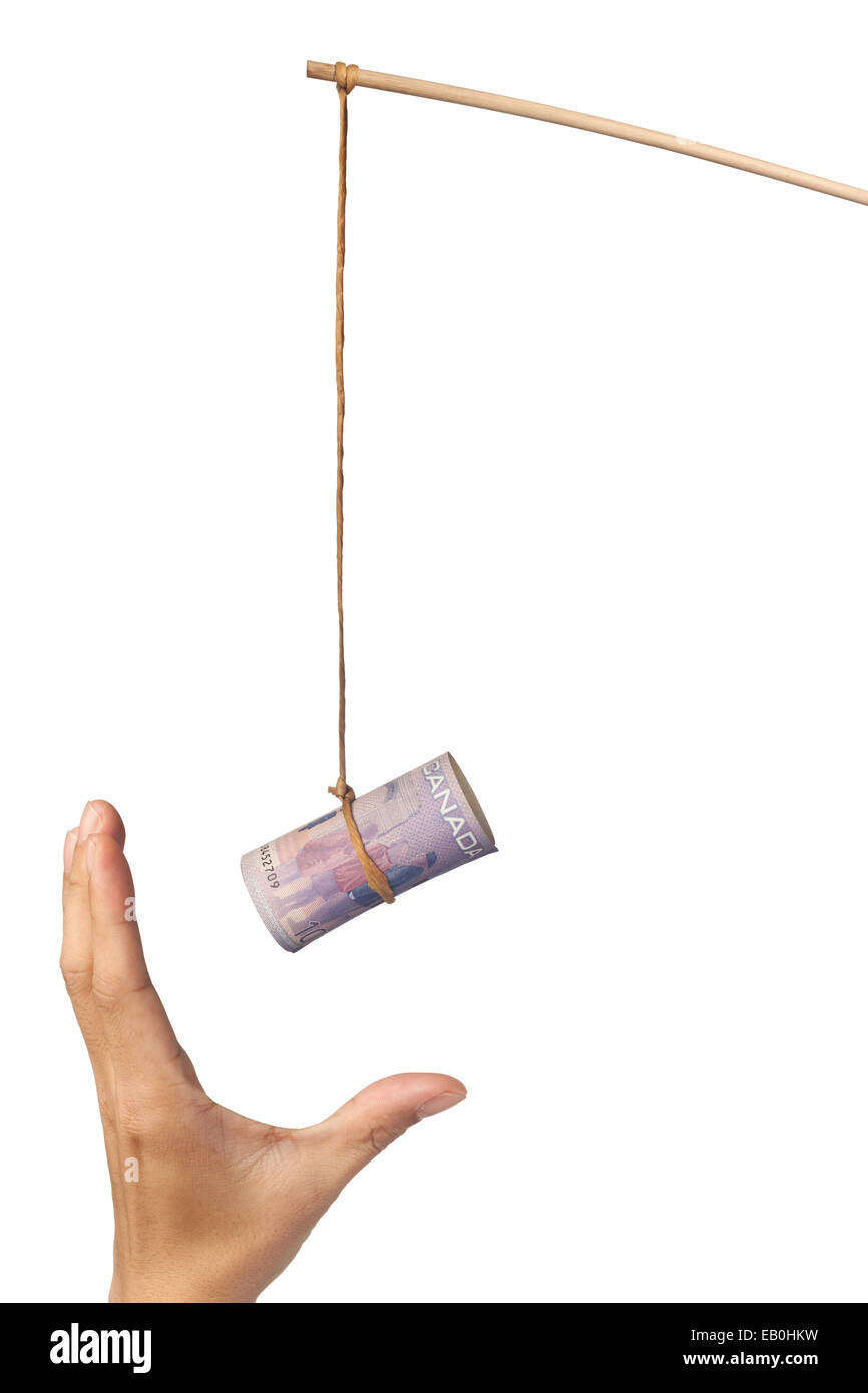Utilizzando dollaro canadese come esca raffigurante l'avidità, isolato su sfondo bianco Foto Stock