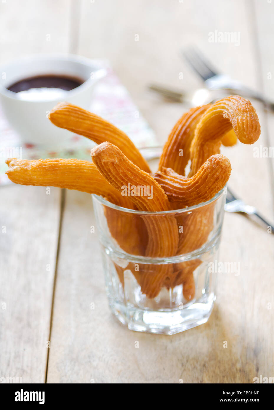 Chrros fatti in casa con salsa di cioccolato Foto Stock