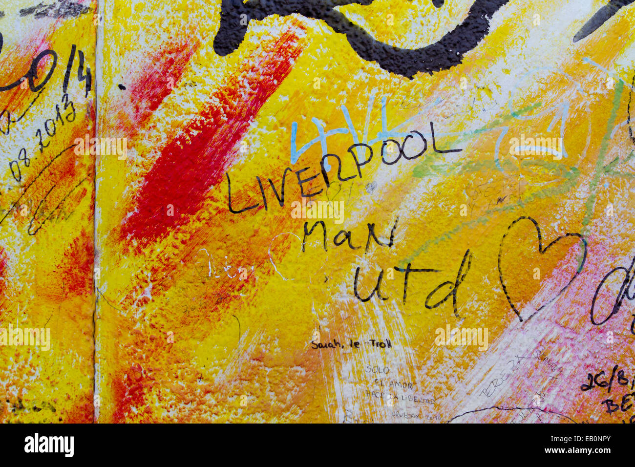 Graffiti arte di strada del muro di Berlino in Liverpool man utd Foto Stock