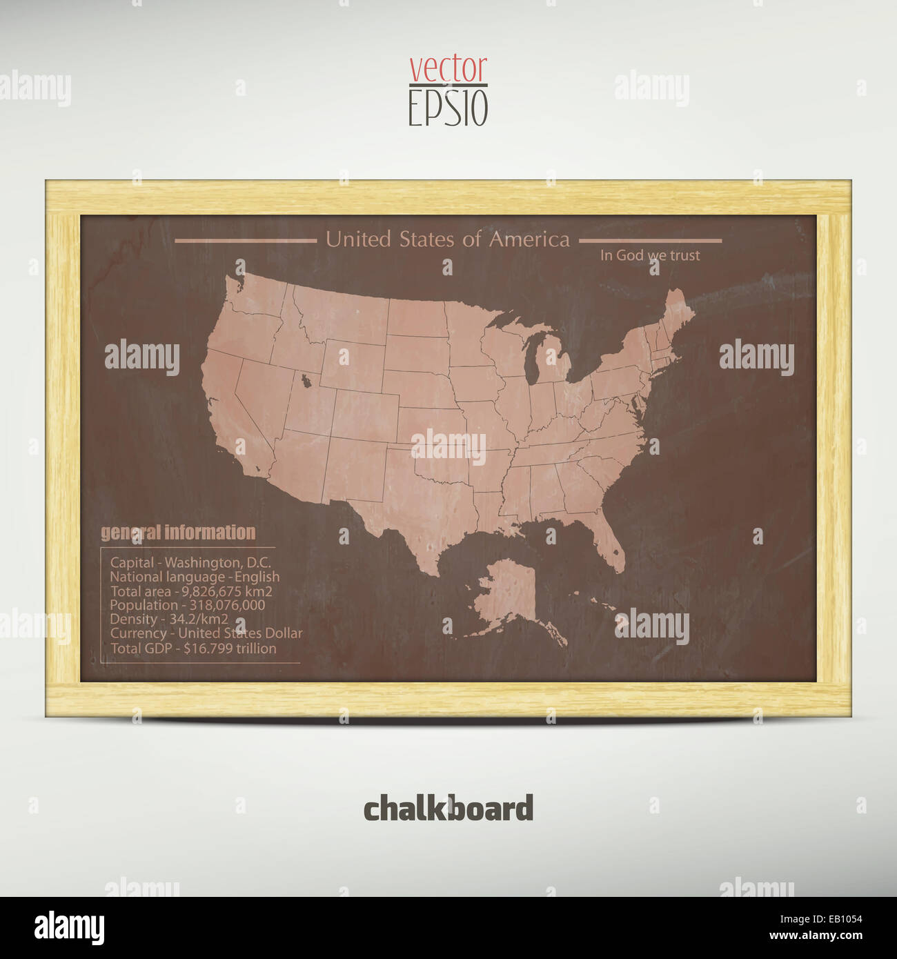 Stati Uniti d'America mappa con informazioni di carattere generale su scuola lavagna. sfondo vettoriale Foto Stock