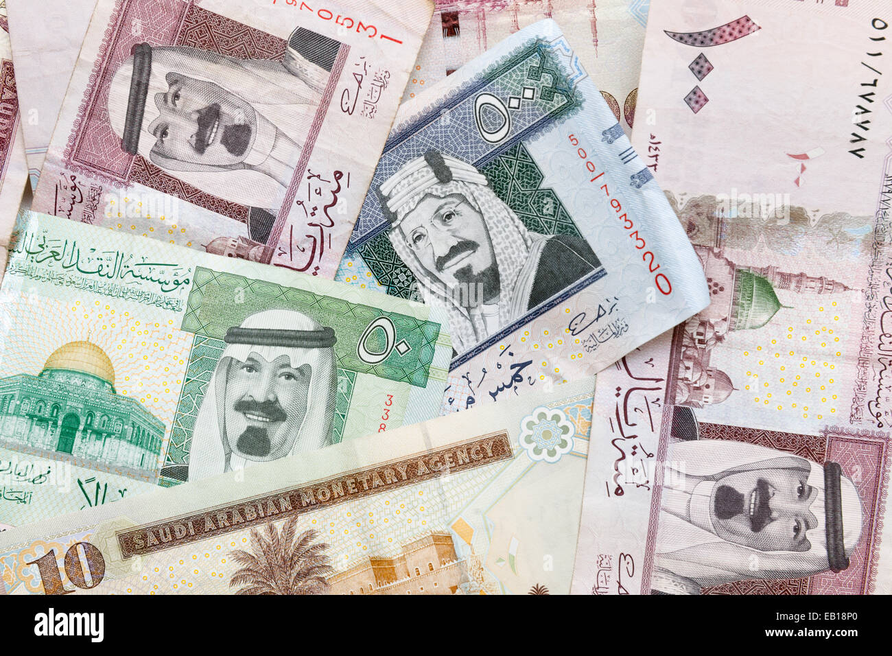 Modern Arabia Saudita denaro, banconote dettagliate foto di sfondo texture Foto Stock
