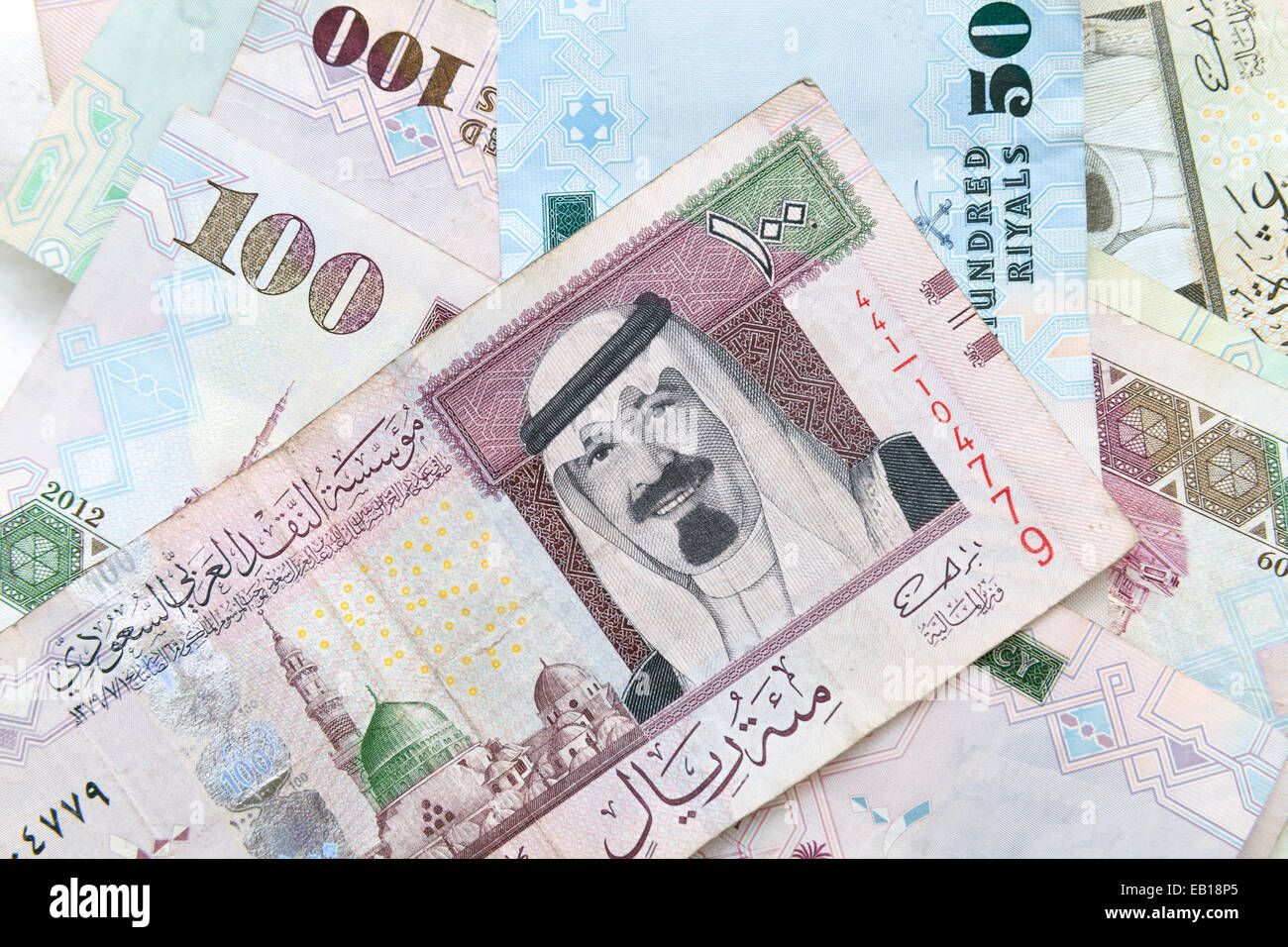 Modern Arabia Saudita denaro, banconote close-up foto di sfondo texture Foto Stock