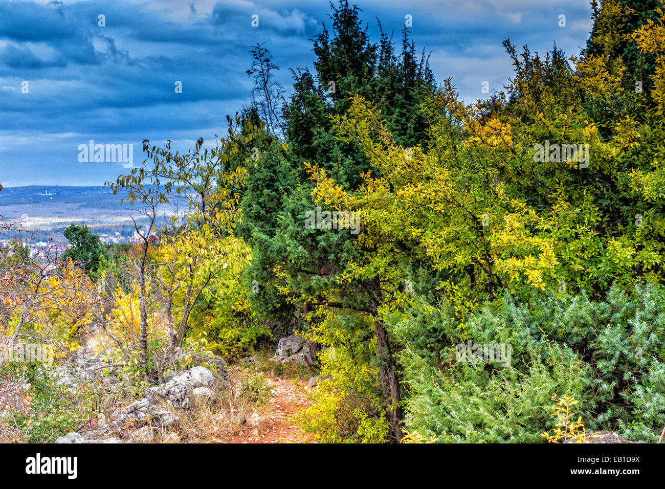 Vista autunnale del Krizevac (Cross) montagna a Medjugorje in Bosnia ed Erzegovina: marroncina alberi, erbe infestanti verdi, arancione e giallo di foglie e di rocce grigie Foto Stock