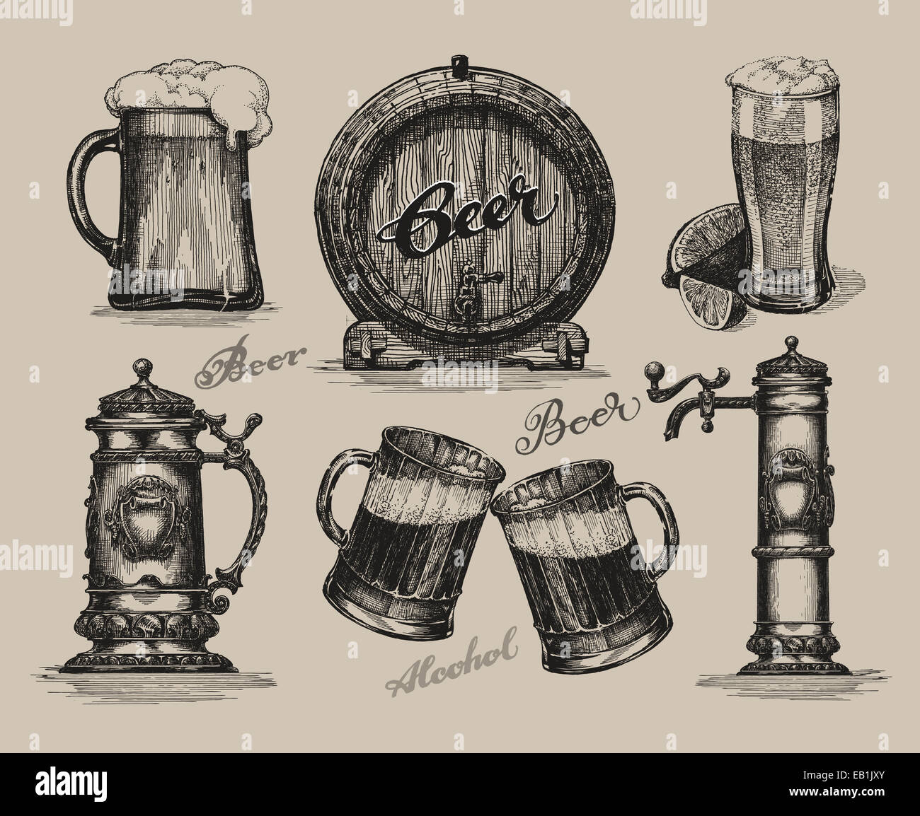 Set di birra. Elementi per oktoberfest festival. Disegnate a mano illustrazione vettoriale Foto Stock