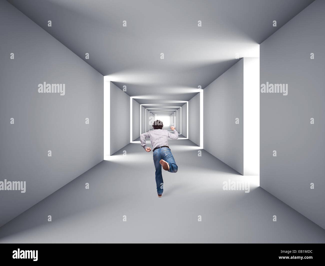 Immagine 3d astratto del tunnel e con uomo che corre Foto Stock