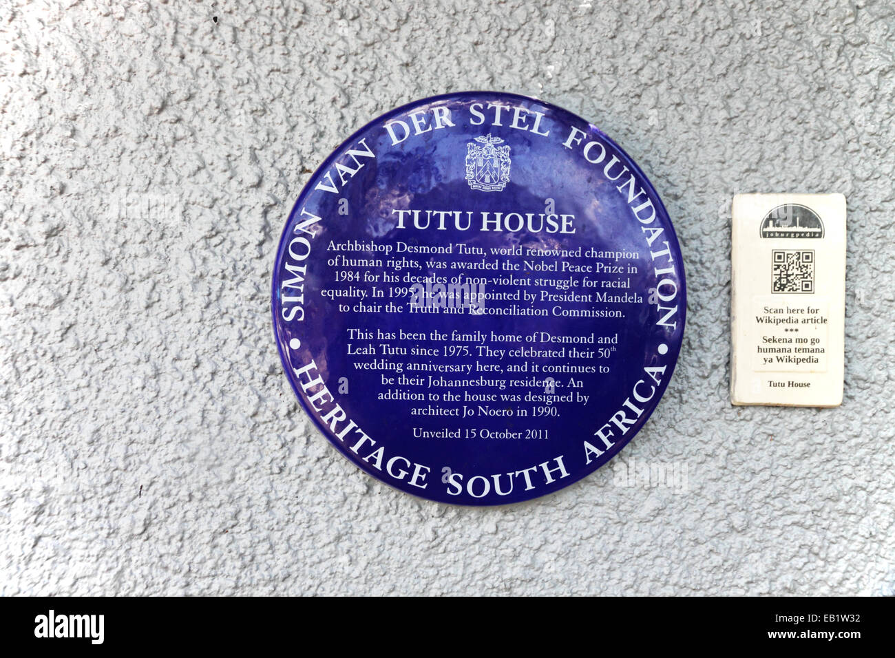 Targa blu sulla casa Tutu. Foto Stock