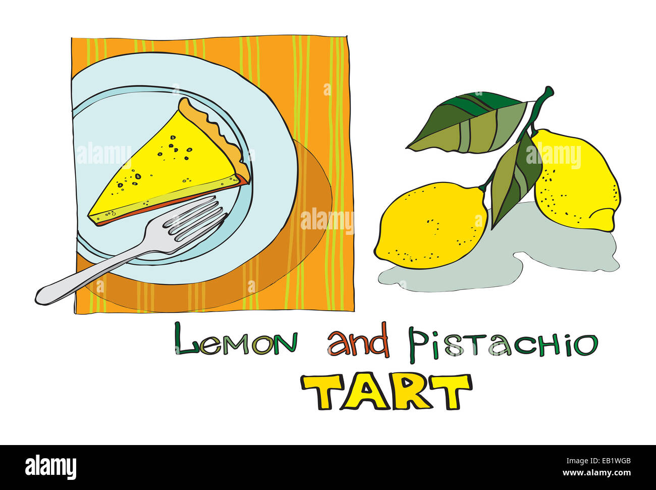 Crostata di pistacchio limone giace su una piastra forcella e si trova accanto alcuni succosi limoni. serie di illustrazioni di cibo Foto Stock