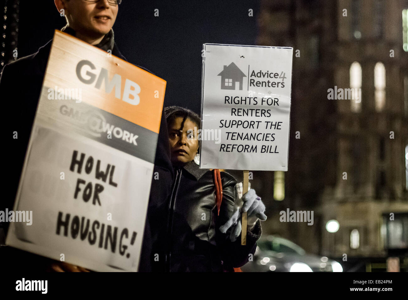 Londra, Regno Unito. 24 Novembre, 2014. " Fine della vendetta di sfratti' protestare in Westminster © Guy Corbishley/Alamy Live News Foto Stock