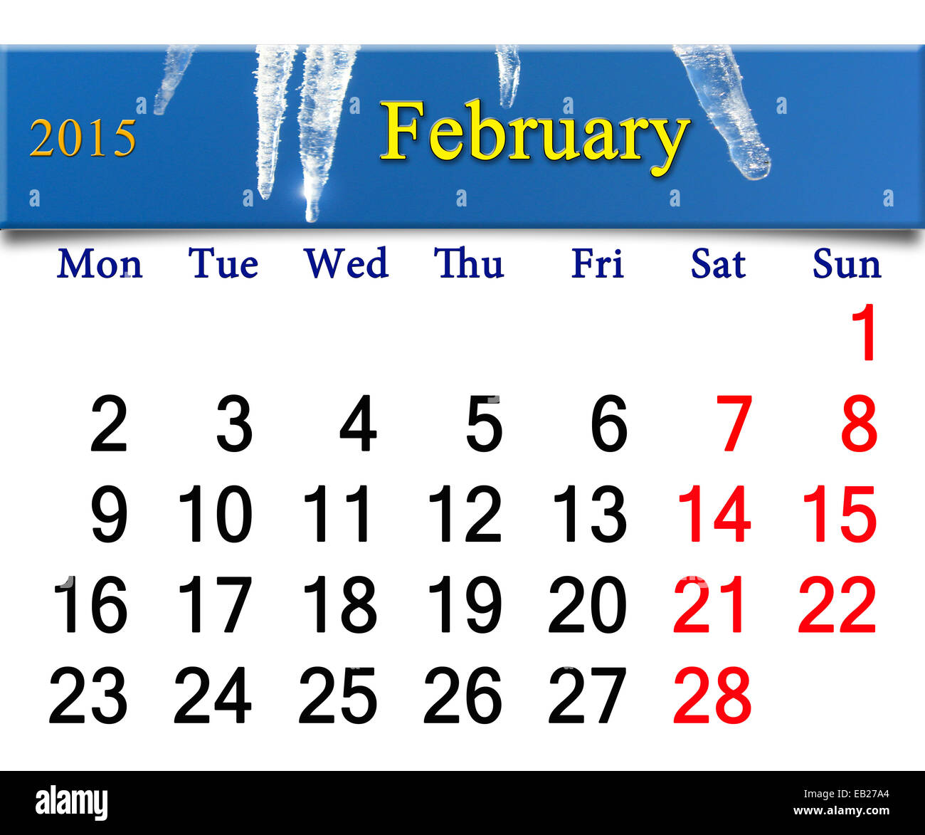 Calendario per la Fabruary del 2015 sullo sfondo di ghiaccioli Foto Stock